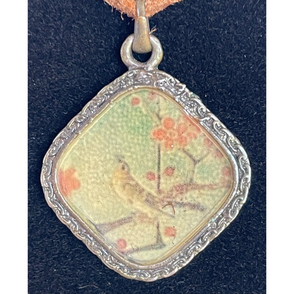 Vintage Silver Tone Asian Bird Cherry Blossom Rhombus Diamond Pendant